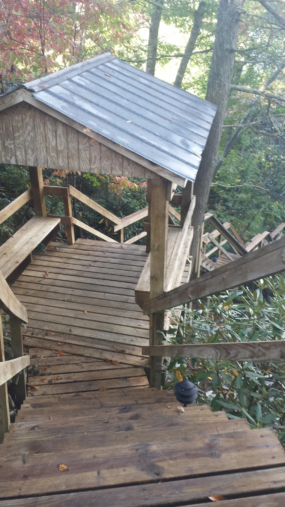 Metal roofed shelter over wooden steps on a wooded walkway — Skylight Repair & Installation work by our crew in Clarks Grove